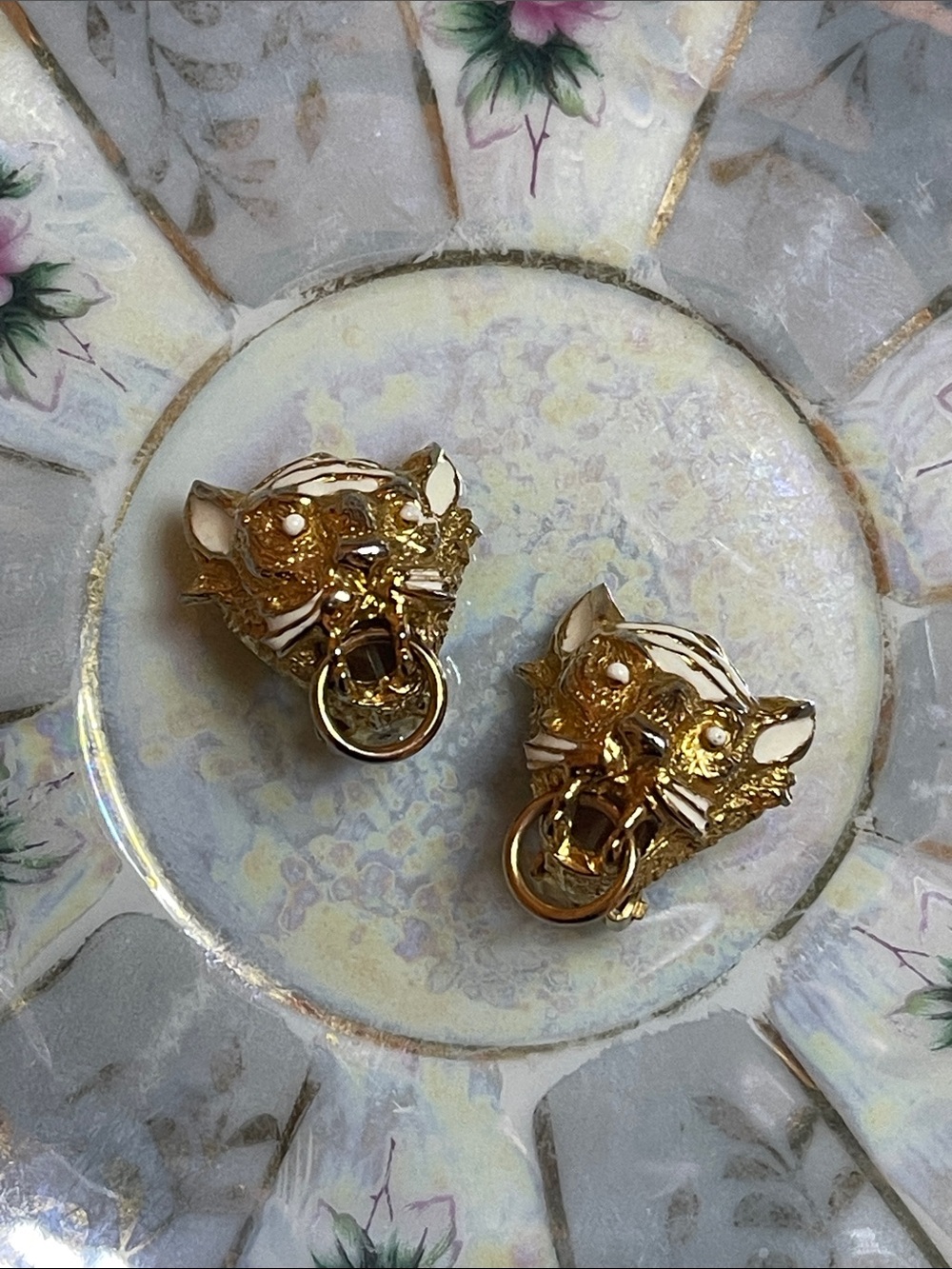 Les Bernard White Enamel & Gold Lion Door Knocker Clip-On Earrings
